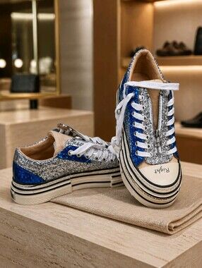 Sparkle Zip-Front Platform Sneakers in Blue & Silver Glitter